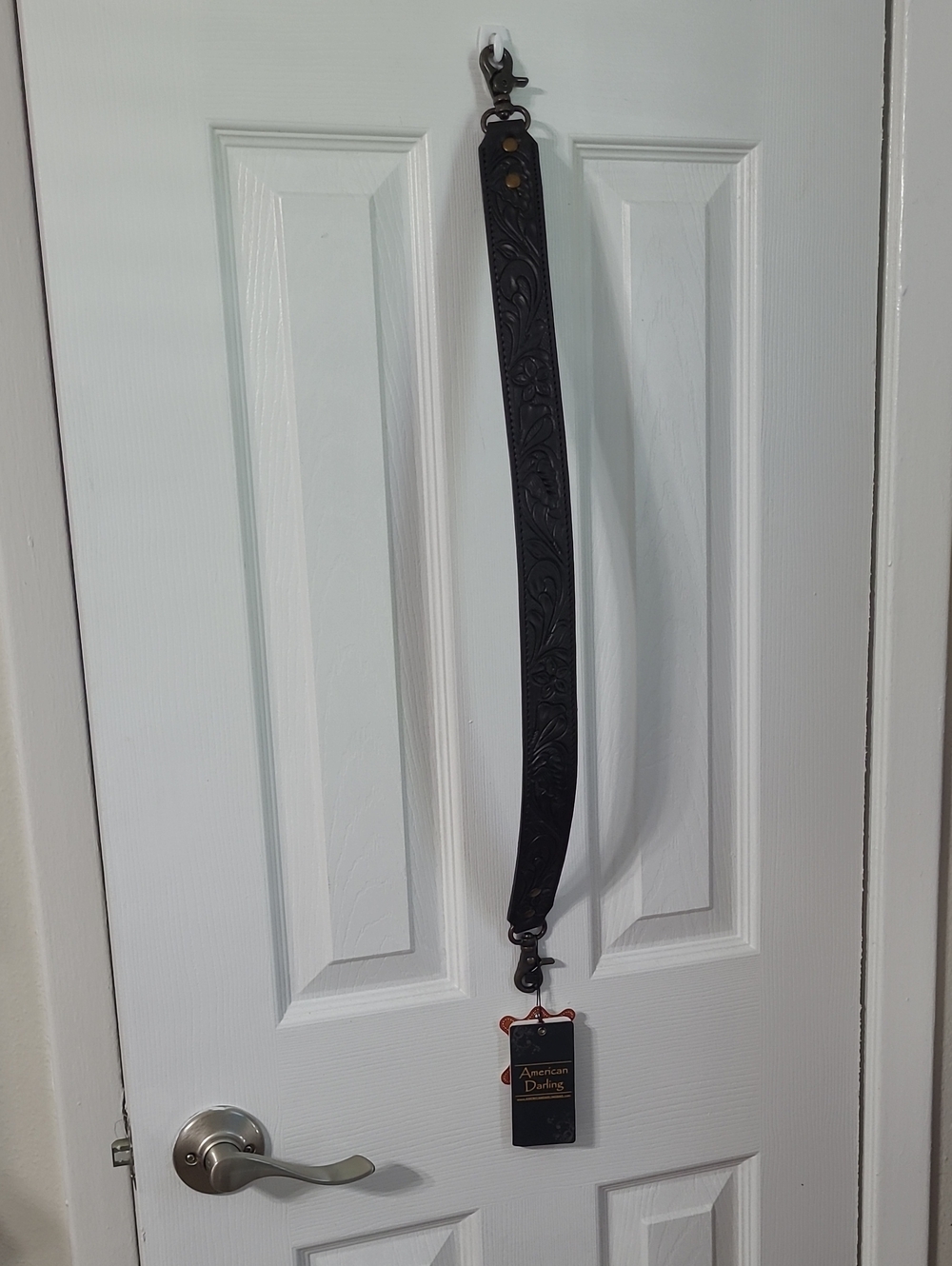 American Darling Black Tooled Leather Door Mat Hanger Strap